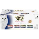 Fancy Feast pack frontal mostrando 24 latas, variedad visible y conveniencia