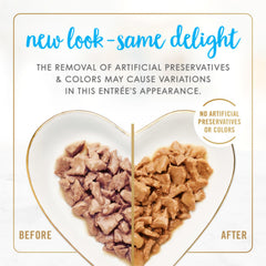 Fancy Feast textura cercana de trozos de atún, muestra calidad