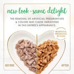 Fancy Feast primer plano de láminas de trucha que resalta textura apetecible