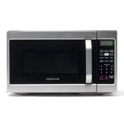 Farberware front view of stainless microwave showing compact countertop fit and reliable heating