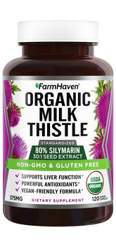 FarmHaven bottle front label showing organic milk thistle branding and benefits