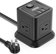 FDTEK cubo frontal mostrando 4 enchufes y 3 puertos USB, organización eficiente