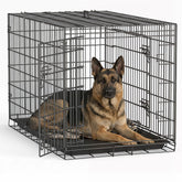 FDW front view of 48-inch black metal crate showing secure double doors and airflow benefit