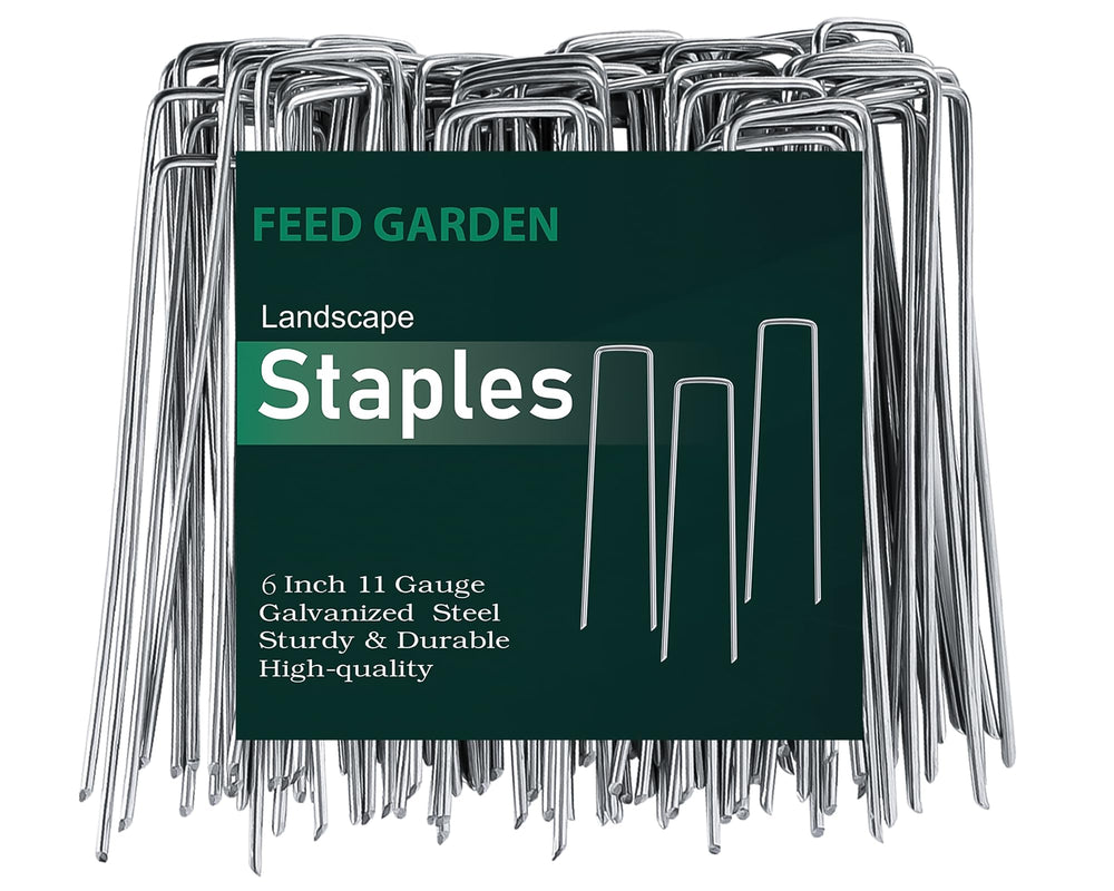 FEED GARDEN paquete frontal mostrando 100 grapas para jardín y su beneficio de cobertura
