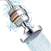 FEELSO front view of chrome shower head and inline filter showing compact design and benefit of cleaner water