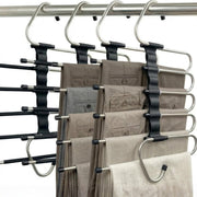 FeeraHozer front view 5-tier pants hanger showing compact storage benefit