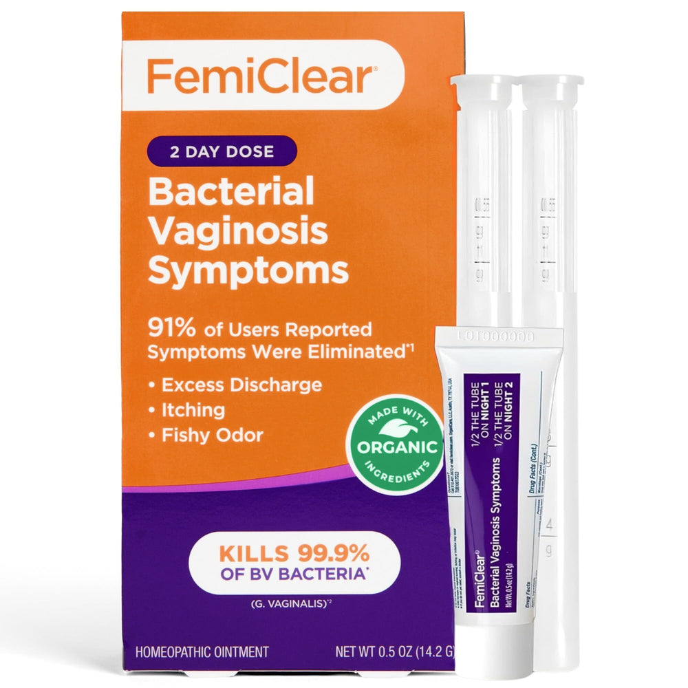 FemiClear front packaging showing product name and 2-day dose benefit