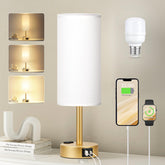 Fenmzee front view of lamp showing gold base and linen shade, adds elegant bedside lighting