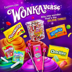 Ferrara Wonka Runts junto a boleto de cine ilustrando tamaño ideal para sala