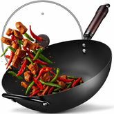 FGJ wok front view with glass lid showing clear monitoring and even cooking
