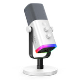 FIFINE AmpliGame AM8W front view showing compact microphone, ideal for clean streaming setups