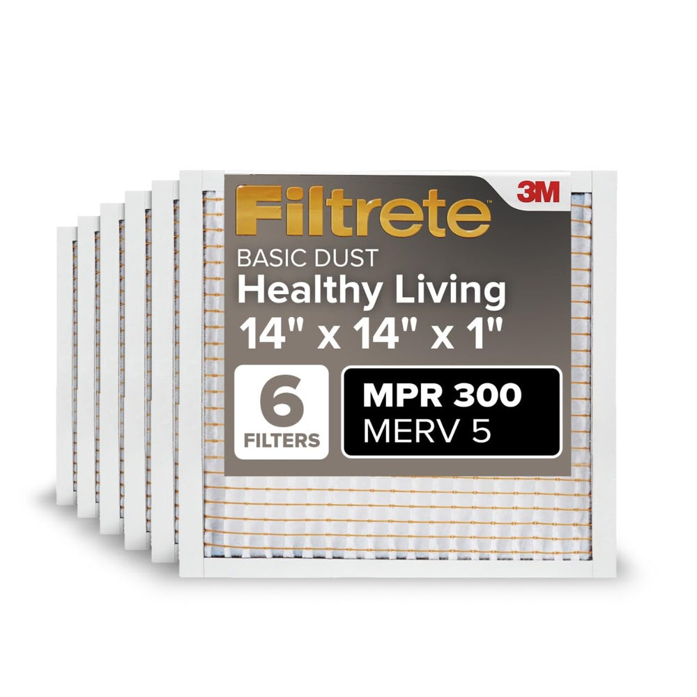 Filtrete empaque frontal paquete de seis mostrando tamaño y beneficio de respaldo