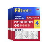 Filtrete empaque frontal 4-pack que muestra cantidad y tamaño, mejora la renovación del aire