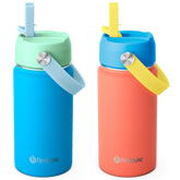 Fimibuke front view of two colorful insulated bottles showing designs and lids