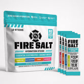 Fire Salt vista frontal del kit con sabores y empaques visible, hidratación portátil