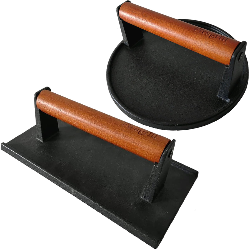 Firsgrill front packaging showing both presses and accessories, highlights durability