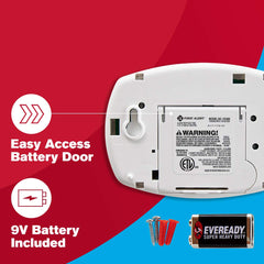 First Alert CO400 open battery compartment showing 9V battery slot for uninterrupted power benefit