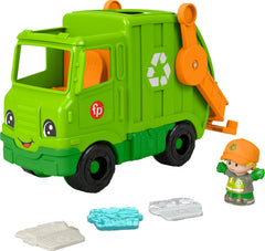 Fisher-Price camión reciclaje frontal mostrando diseño y botones musicales