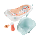 Fisher-Price front view showing convertible 4-in-1 bath tub and cheerful Summer Blossoms pattern helping organization