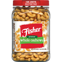 CHEF'S NATURALS Fisher front canister showing whole cashews and freshness benefit