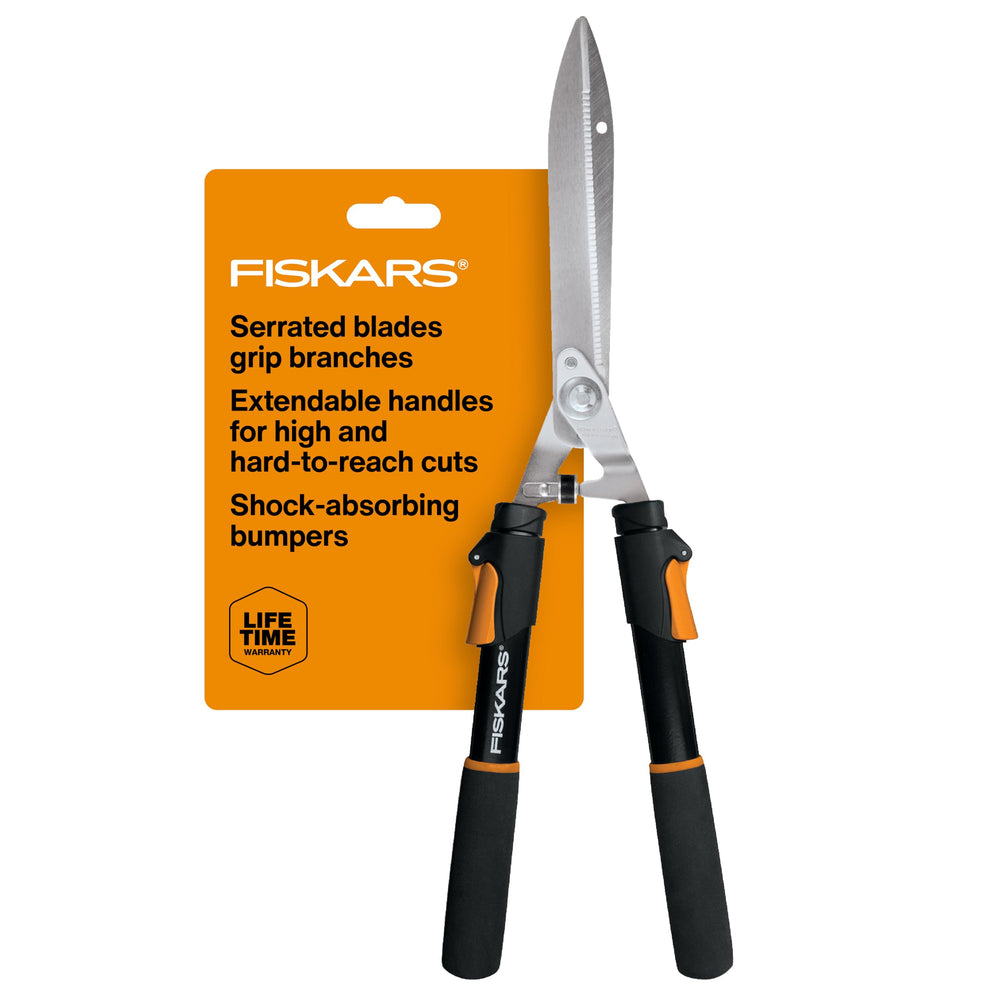 Fiskars front view of extendable hedge shears showing compact storage benefit