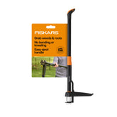 Fiskars frontal del embalaje mostrando herramienta completa y beneficios