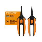 Fiskars vista frontal del empaque mostrando las dos tijeras y beneficios