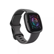 Fitbit Sense 2 frontal en Shadow Grey mostrando pantalla activa y estilo elegante