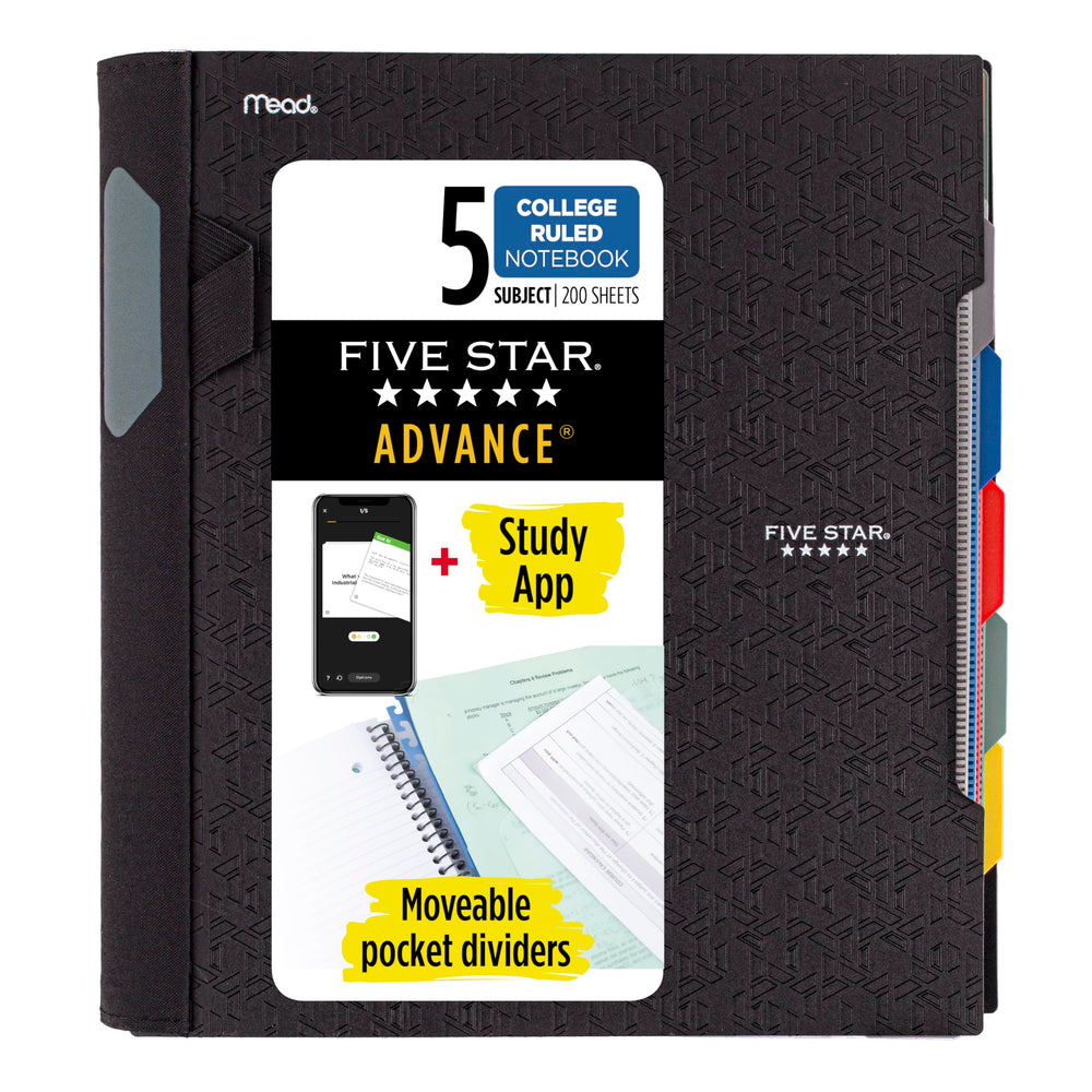 Five Star vista frontal del cuaderno negro mostrando pestañas visibles y portada resistente
