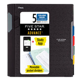 Five Star vista frontal del cuaderno negro mostrando pestañas visibles y portada resistente