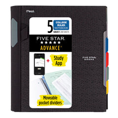Five Star vista frontal del cuaderno negro mostrando pestañas visibles y portada resistente