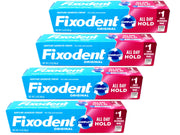 Fixodent presentación frontal mostrando tubos y beneficios de sujeción