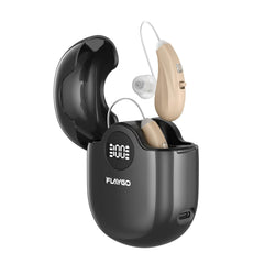 Flaygo front view showing beige earpieces and benefits of discreet wear