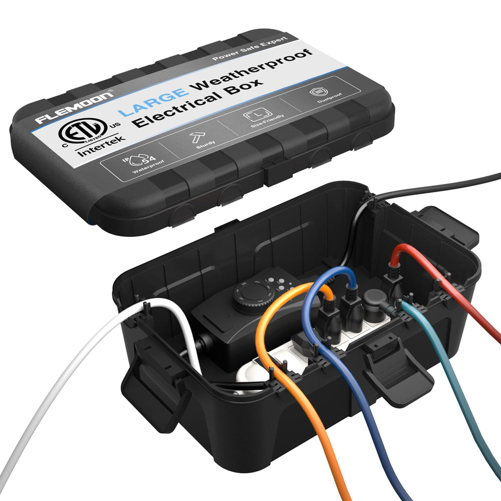 Flemoon front view of waterproof electrical box showing compact exterior and durable construction
