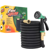 Flexi Hose vista frontal del empaque mostrando longitud y boquilla
