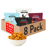 Flock variety pack front packaging showing four flavored pouches and benefits