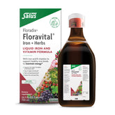 Floradix Floravital front bottle view showing vegan liquid supplement and clear labeling benefit