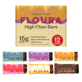 FLOURA pack frontal mostrando las seis variedades y beneficio de variedad de fibra