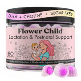 Flower Child frasco frontal mostrando diseño y cantidad de 60 gomitas, apoyo práctico