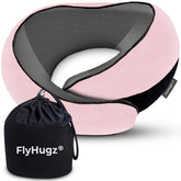 FlyHugz front view pink pillow showing ergonomic shape and travel comfort