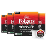 Folgers Black Silk front box showing 128-count supply and bold branding, convenient storage