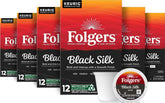 Folgers Black Silk front packaging showing bold dark-roast branding and convenience