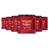 Folgers front packaging showing six canisters and clear product identity, ideal for bulk buyers
