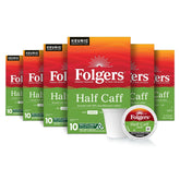 Folgers Half Caff vista frontal del paquete, aroma consistente