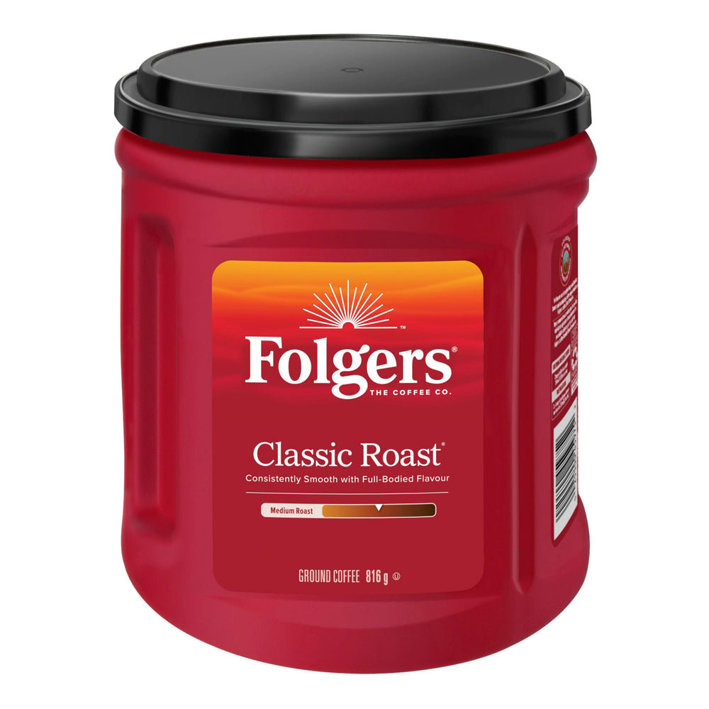 Folgers lata frente mostrando diseño y tamaño práctico para almacenamiento