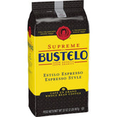 Folgers Supreme Bustelo front packaging showing bold label and bag benefit