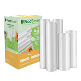 FoodSaver front packaging multipack showing five heat-seal rolls preserving supplies