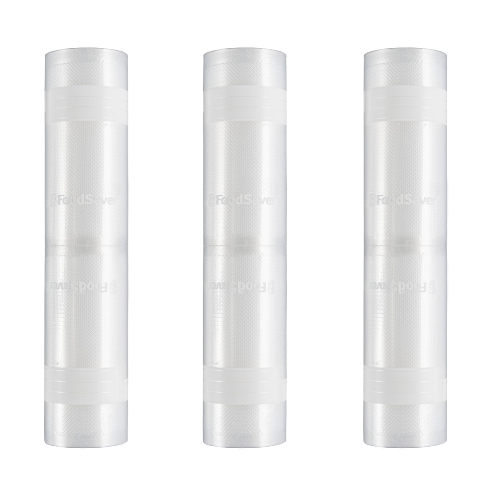 FoodSaver empaque frontal que muestra rollo y pack de 3 para almacenaje prolongado