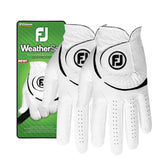 FootJoy guante WeatherSof frontal y empaque mostrando pack doble y beneficio durabilidad