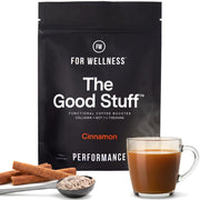 For Wellness frasco frontal del producto junto a taza de café, mejora mañanas